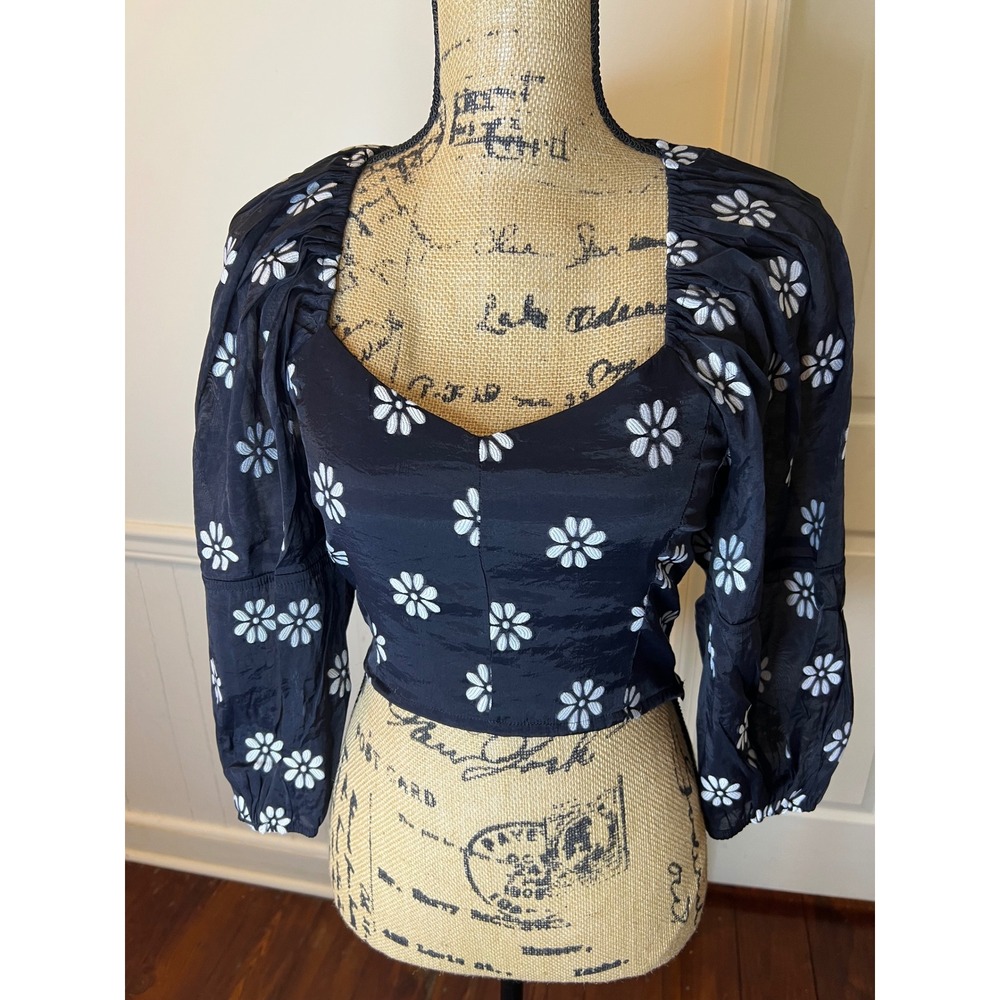 Buru Teagan crop Top Black White‎ Puff Sleeve Sweetheart Neck Smocked size S